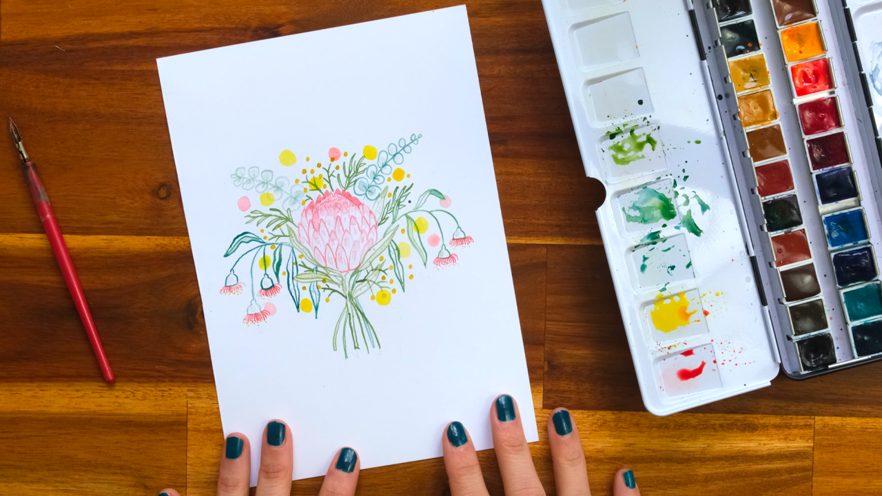 A watercolour illustration of a beautiful Australian natives bouquet