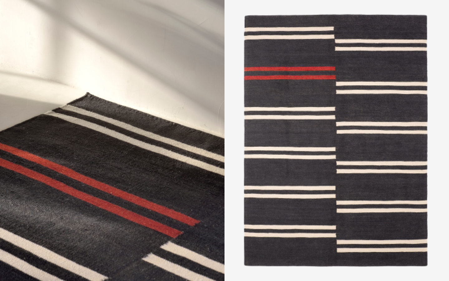 Blue kilim rug with red and white stripes