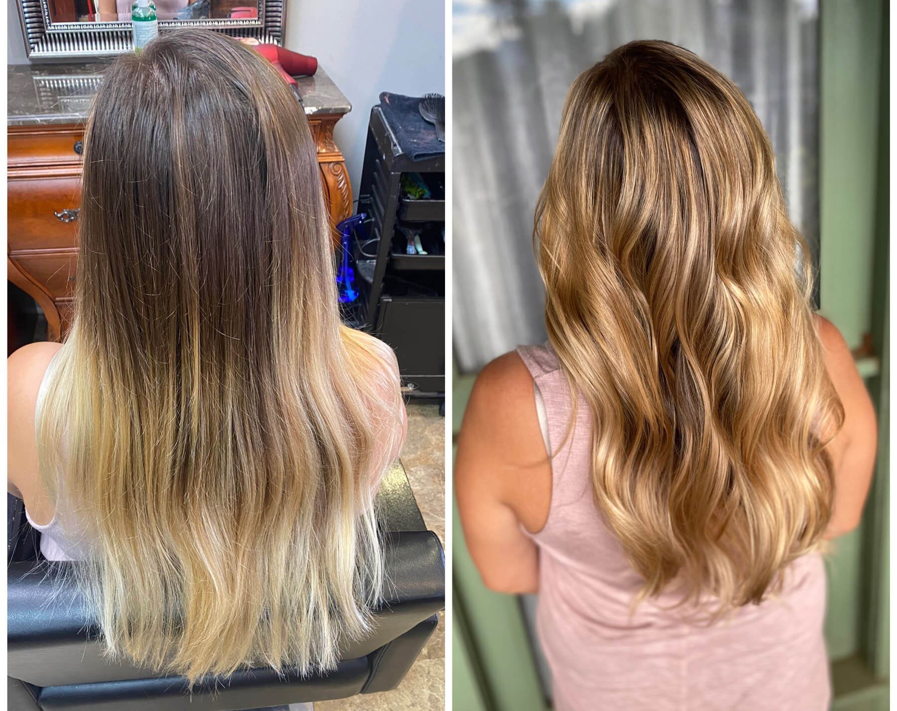 Before and after of beautiful high partial balayage