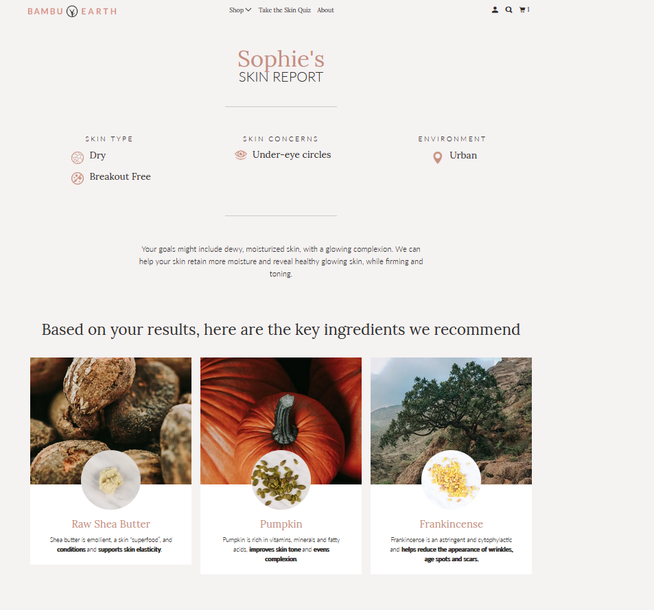 Sophie Summer's results for Bambu earth's skin care quiz