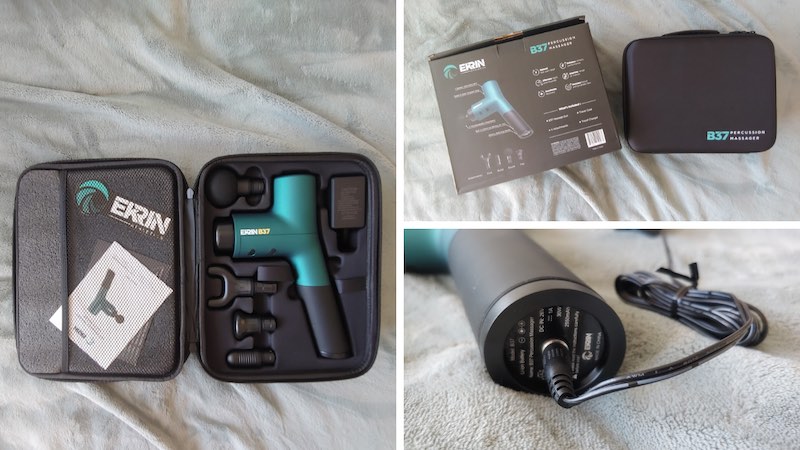Erkin B37 massage gun charging port, travel case, and attachments.