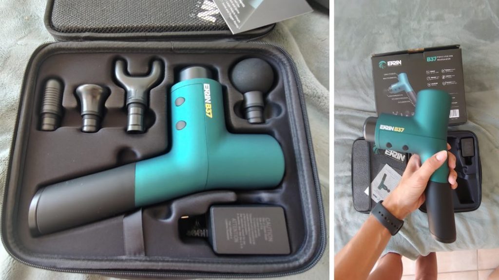 The Ekrin B37 massage gun in the case with attachments.