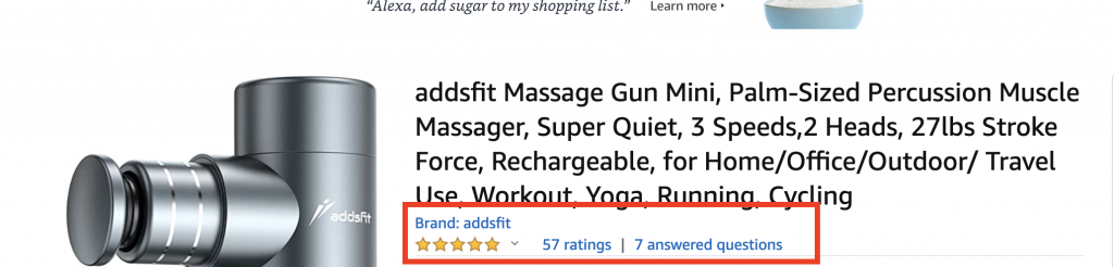 Screen shot image of the addsfit mini massage gun Amazon listing with the reviews outlined.