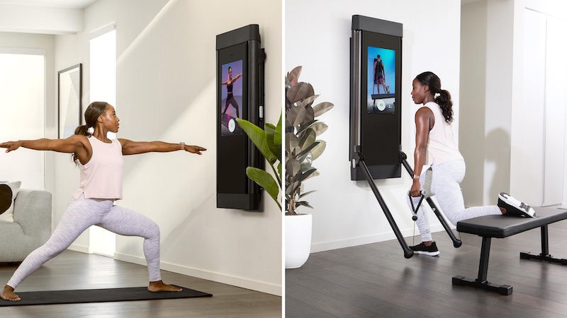 A woman using the Tonal home gym for a yoga session and a weight lifting workout.