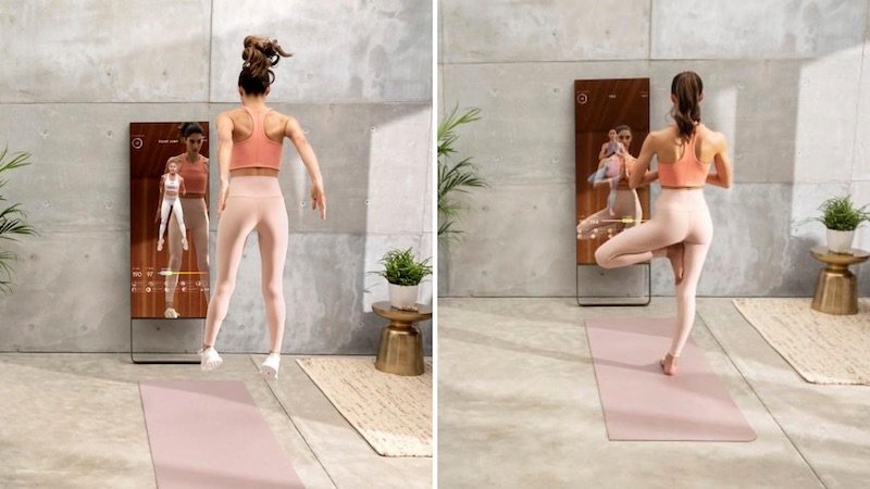 A woman using the Mirror home gym during a yoga session and HIIT workout.