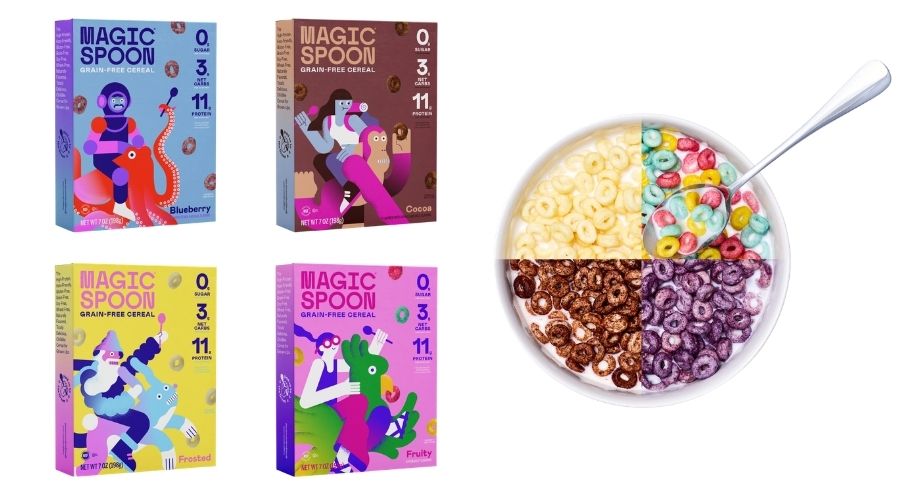 Four boxes of Magic Spoon keto protein cereal next to a bowl of cereal.