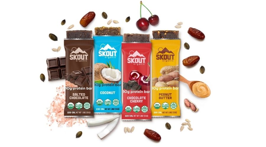 4 different flavors of Skout protein bars.