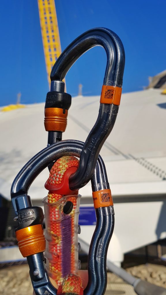 QR Codes on a Carabiner Label. Smart ways to uniquely identify rope access and safety equipment