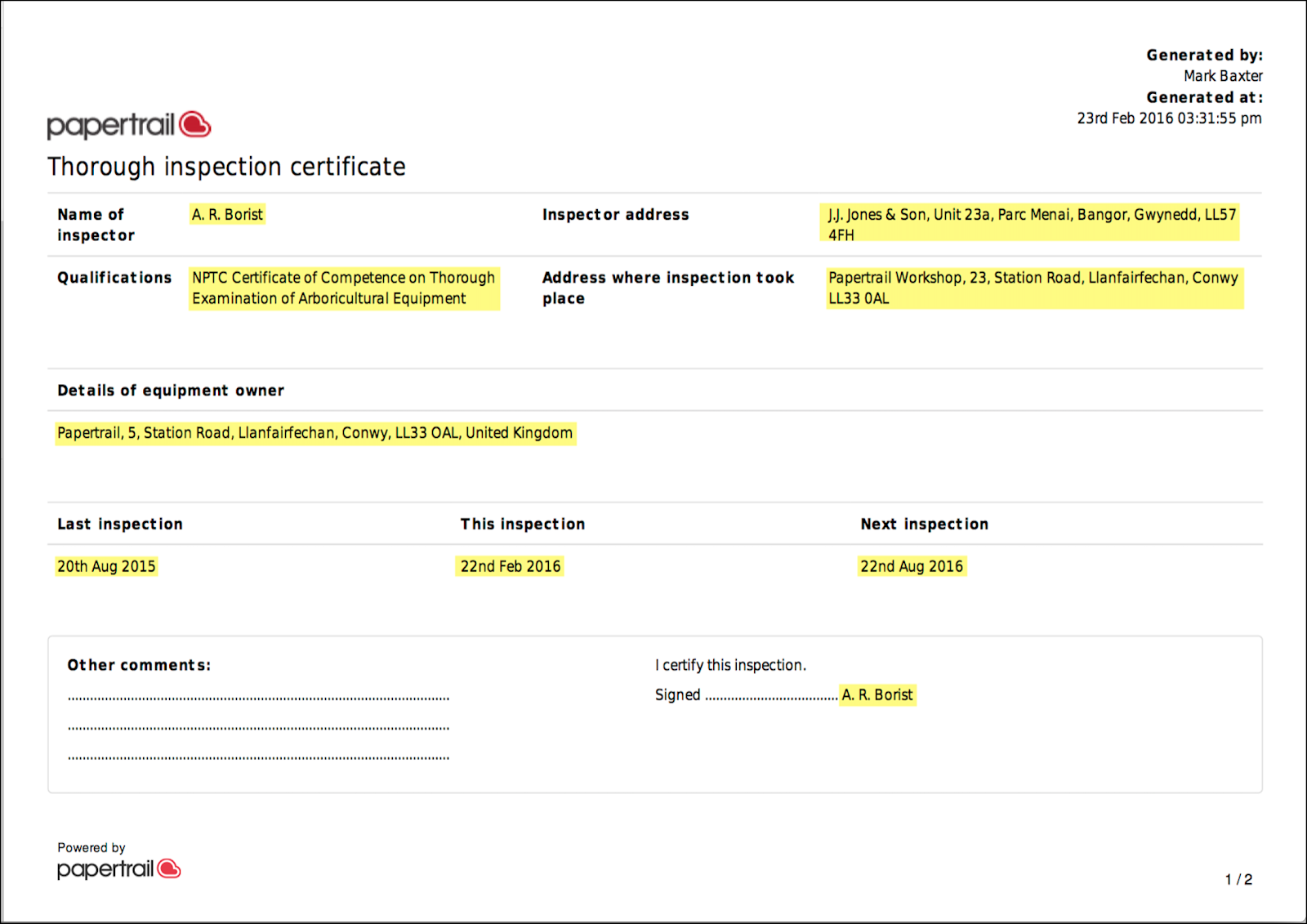 Inspection certificate