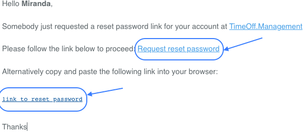 Screenshot of email to employee to reset password