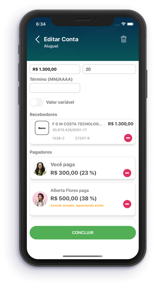 Tela de edição de conta cadastrada
