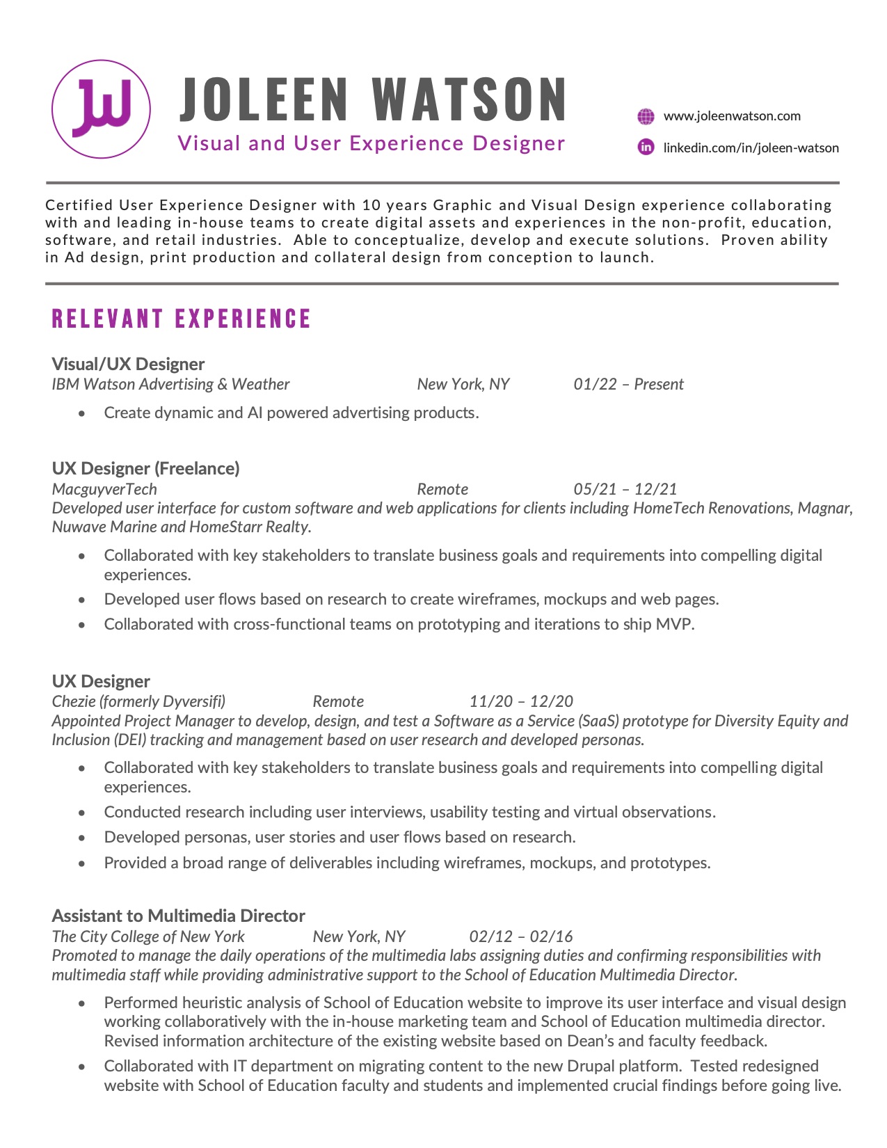 Joleen Watson's resume