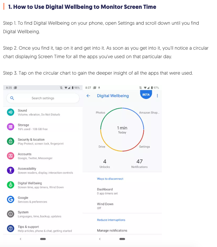 monitor screen time on android digital wellbeing
