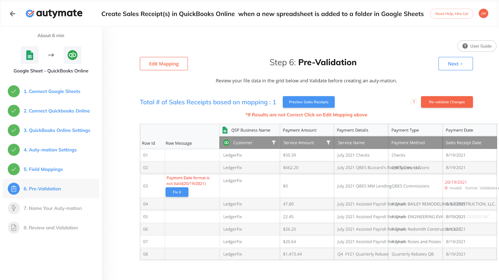 Screenshot of Autymate's Step 6: Pre-Validation
