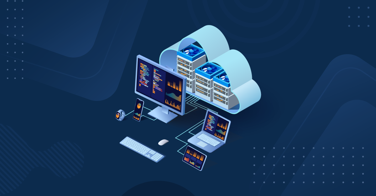 cloud migration infographic with screens and cloud icon