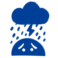 Ein Wolke regnet und blitzt auf die obere Hälfte eines Smileys mit traurigen Augen.