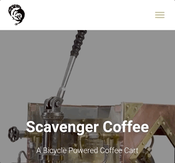 A GIF showing an example of a mobile hamburger menu on the Scavenger Coffee website that drops down when the user clicks on it.