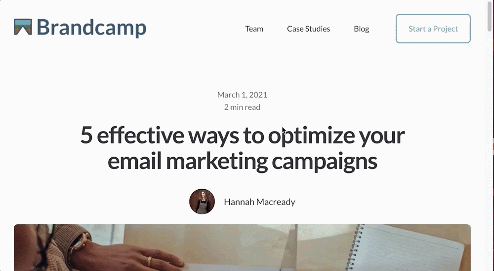 A GIF showing an example of local navigation on the Brandcamp website, showing an internal link in a blog article which links to another blog post on the Brandcamp site.