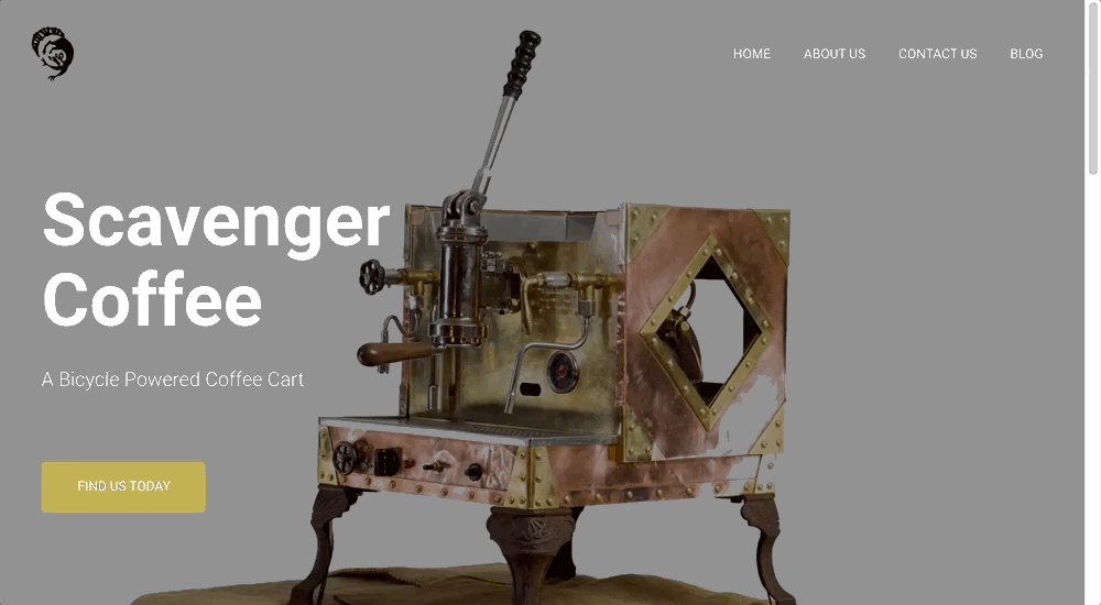A GIF showing an example of global navigation, showing a menu following the user as they scroll down the Scavenger Coffee website.