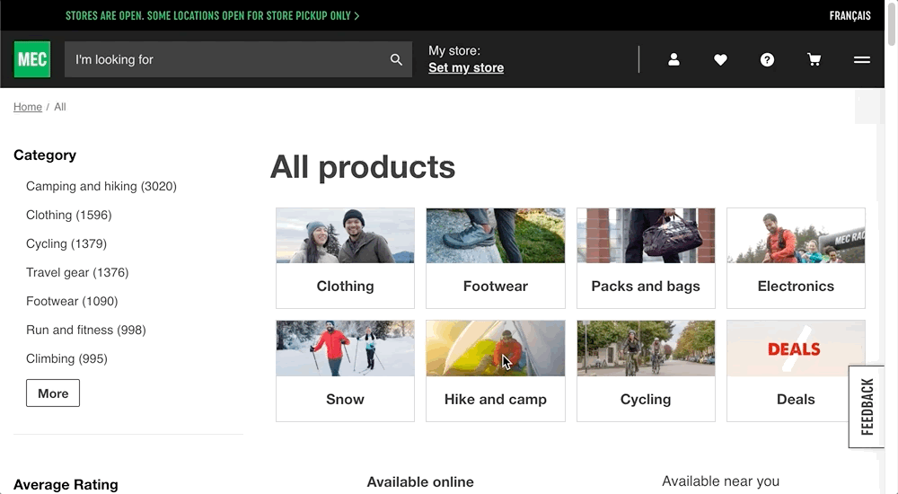 A GIF showing an example of an adaptive menu on the MEC.ca website. As the user clicks on the camping section the menu adjusts to reflect the new categories.