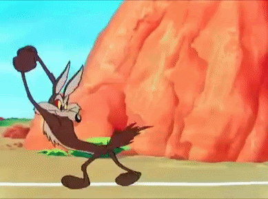 A GIF of Wile E. Coyote running into a tunnel painted onto a rock face and coming to a sudden stop, to illustrate what happens to a web user who clicks on a broken link.