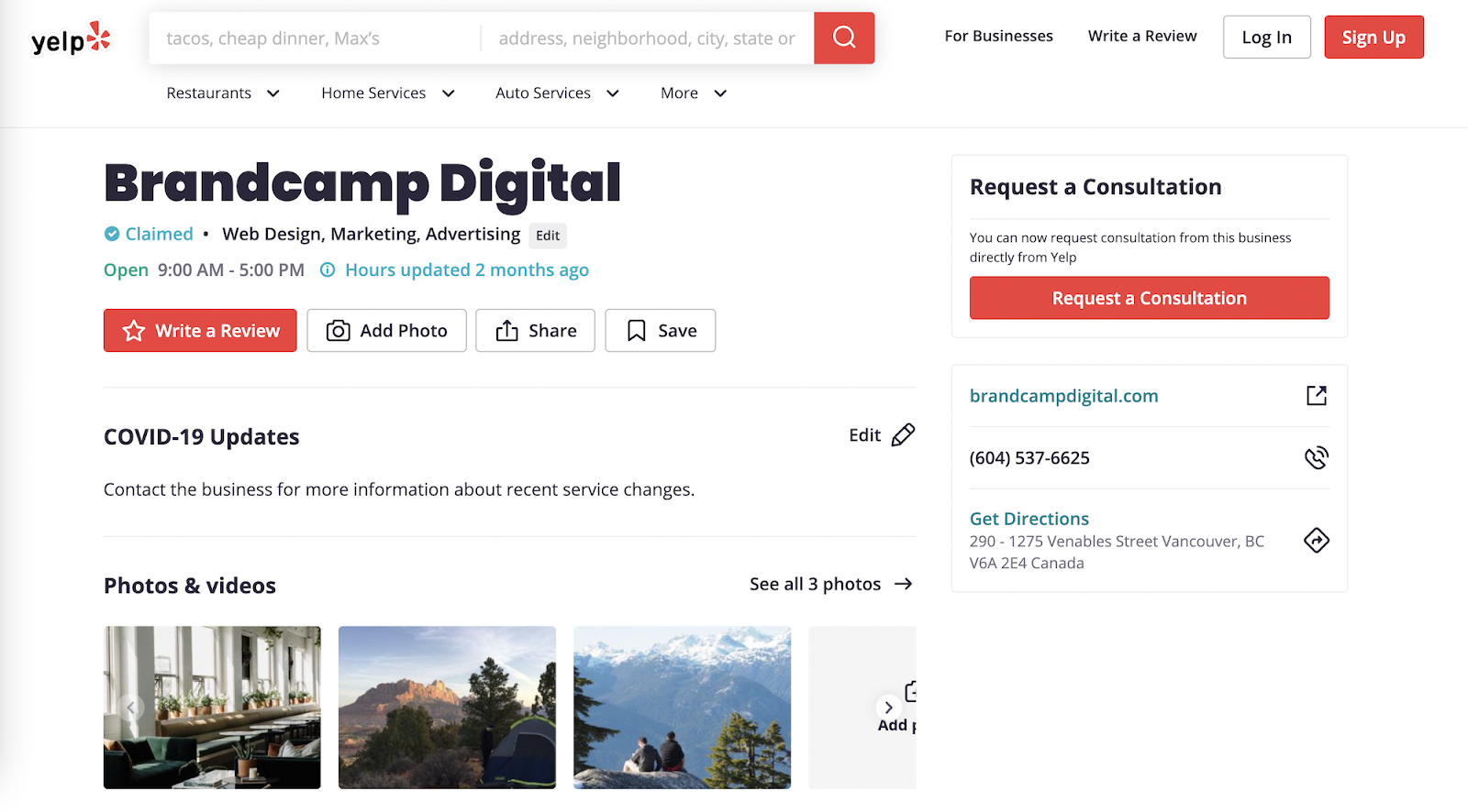brandcamp digital yelp listing front page