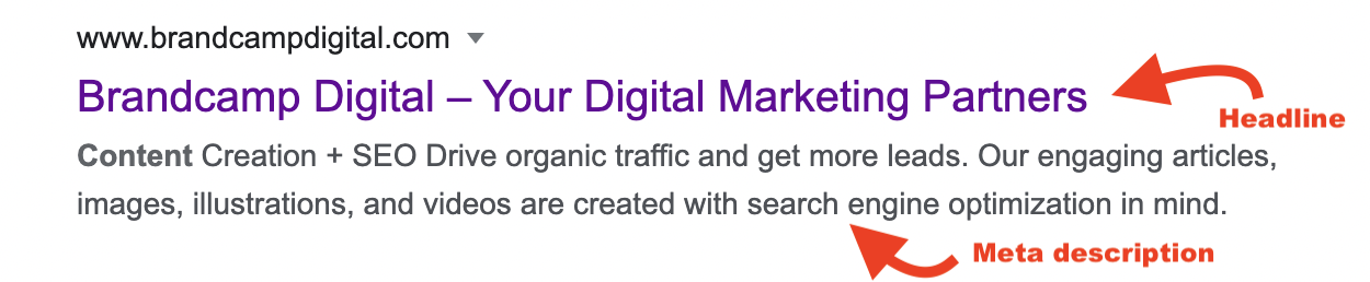 brandcamp digital search engine result with headline and meta description highlighted
