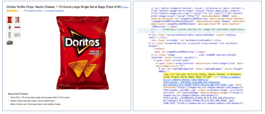 bag of doritos with alt text and search engine index example on right side