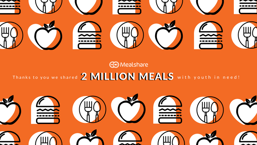 food icons on orange background with text saying 2 million meals have been given through mealshare