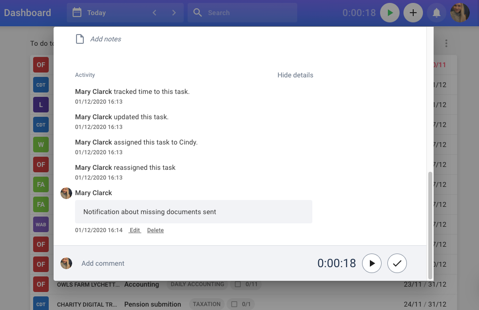 Activity log