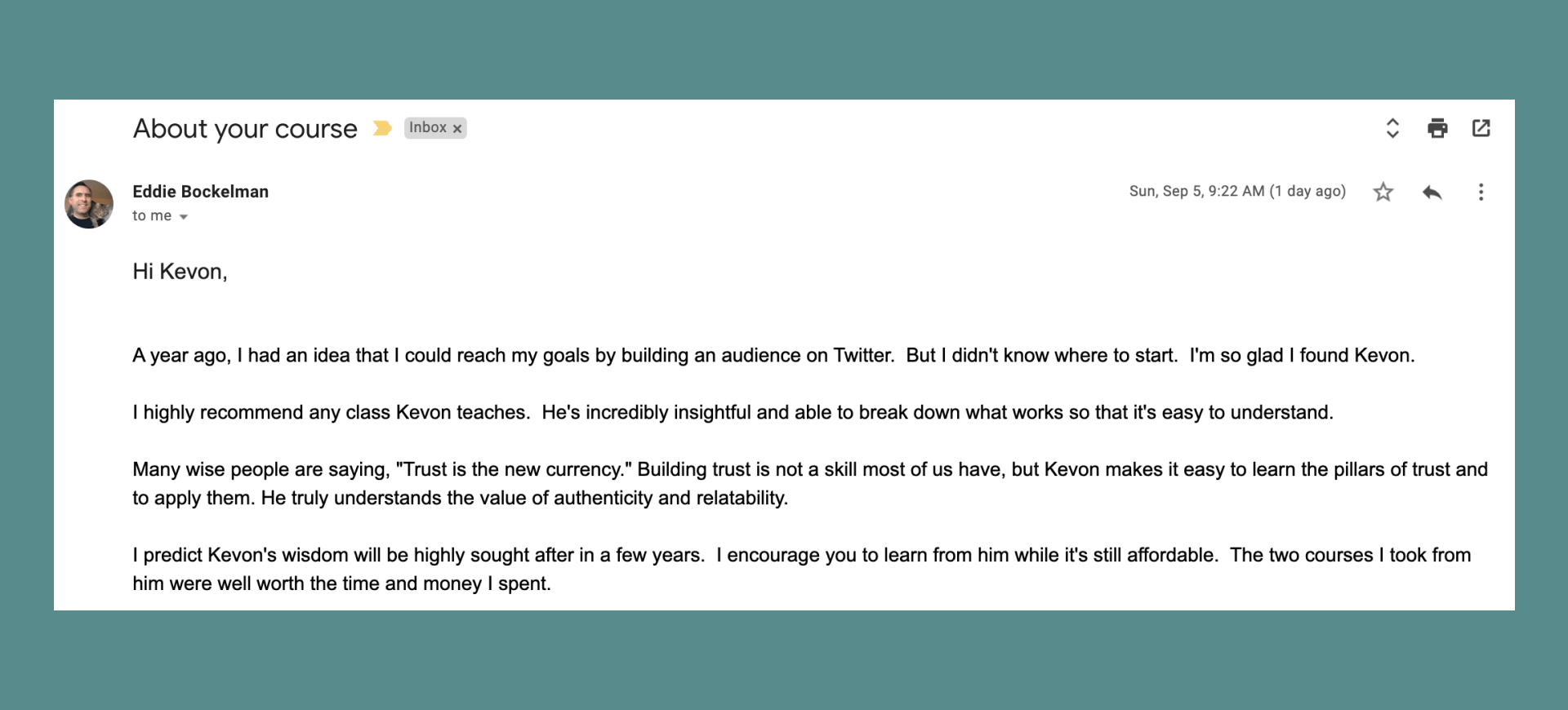 Eddie Bockelman's word on Kevon's course