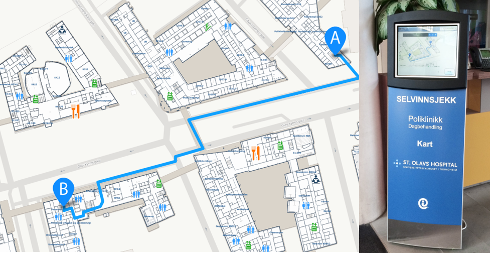 Illustration of wayfinding from self-service check-in kiosk on interactive indoor maps