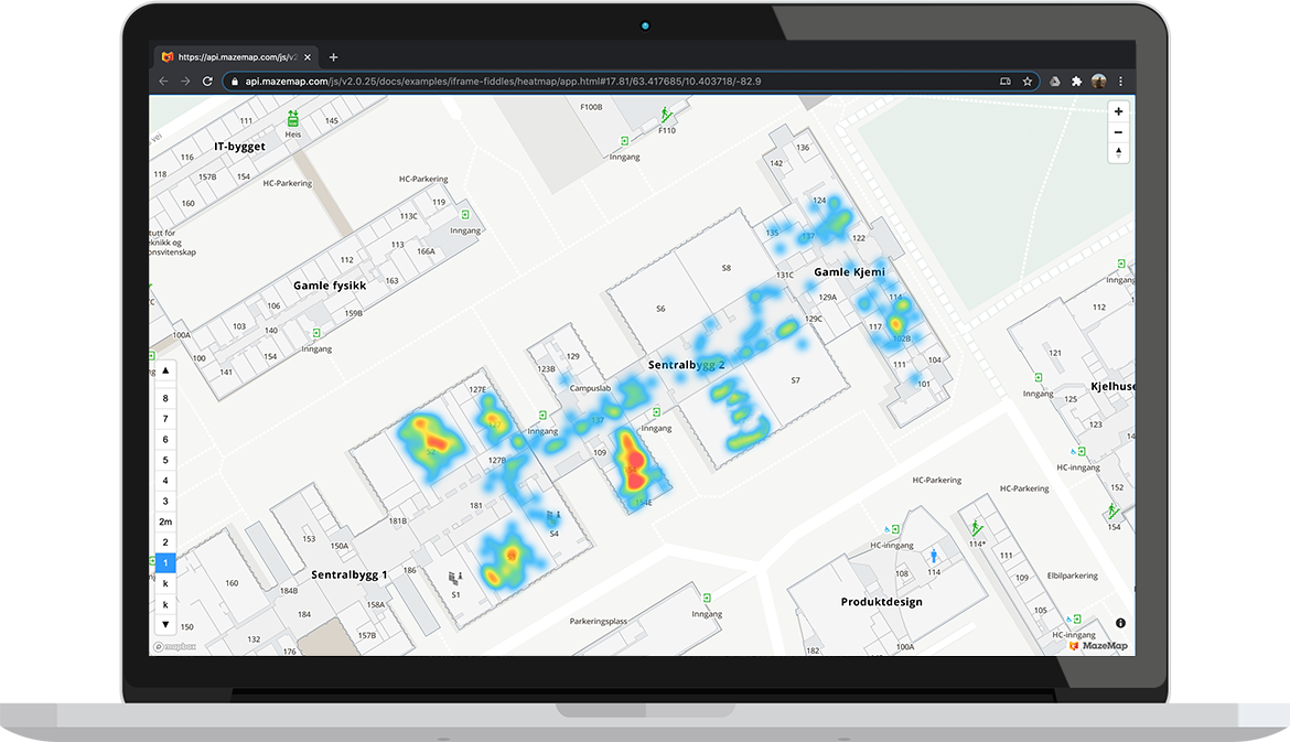 A computer screen showing the heat maps function in MazeMap