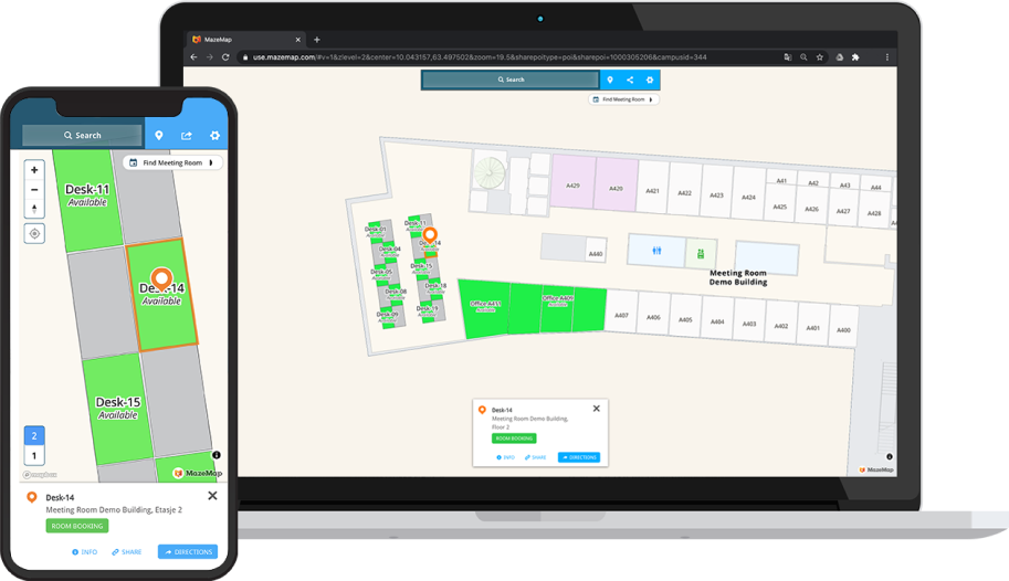Illustrations of a computer and phone showing Mazemap's indoor maps and the occupancy of the desks and meeting rooms.