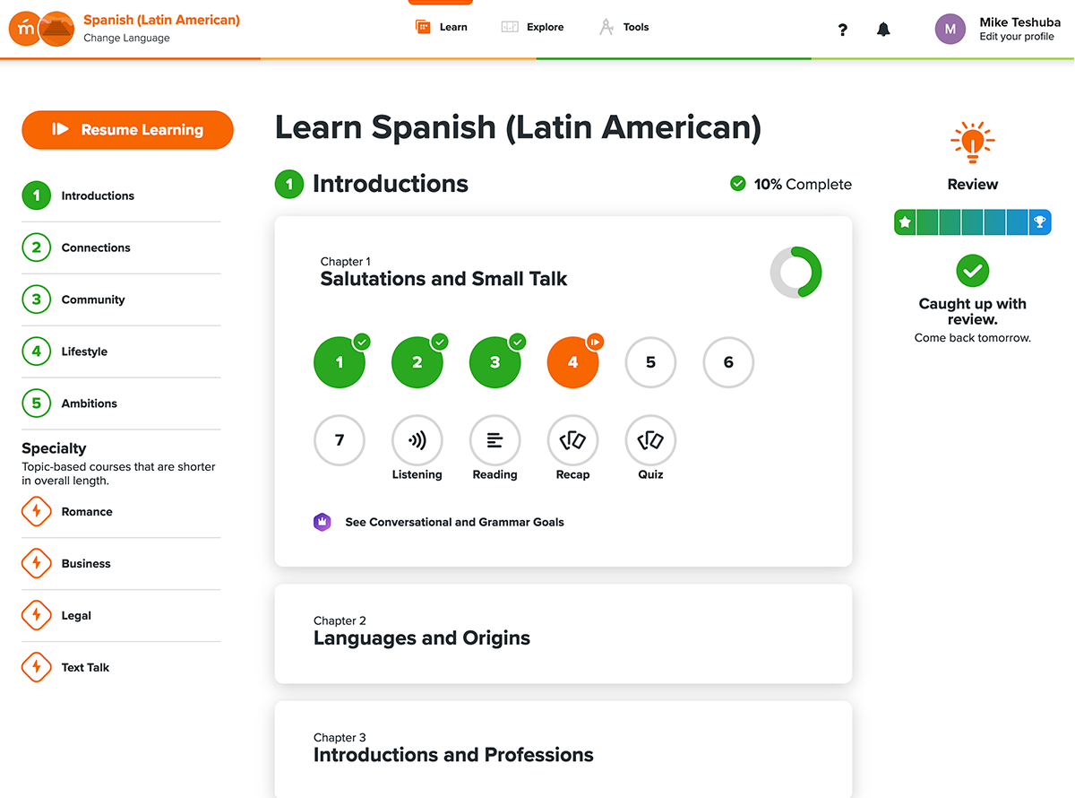 screenshot of Mango's courses pathway.
