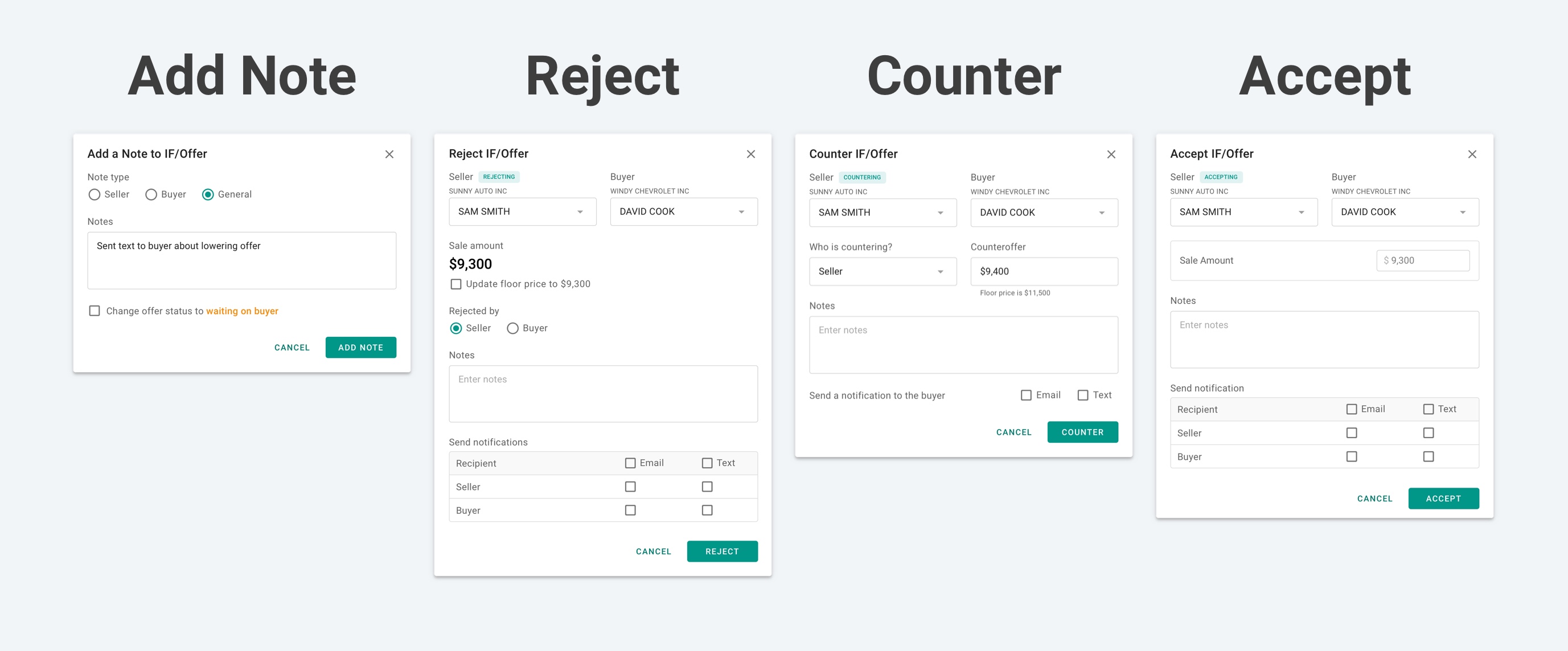 Examples of the modals for adding a note, rejecting an offer, countering, and accepting an offer.