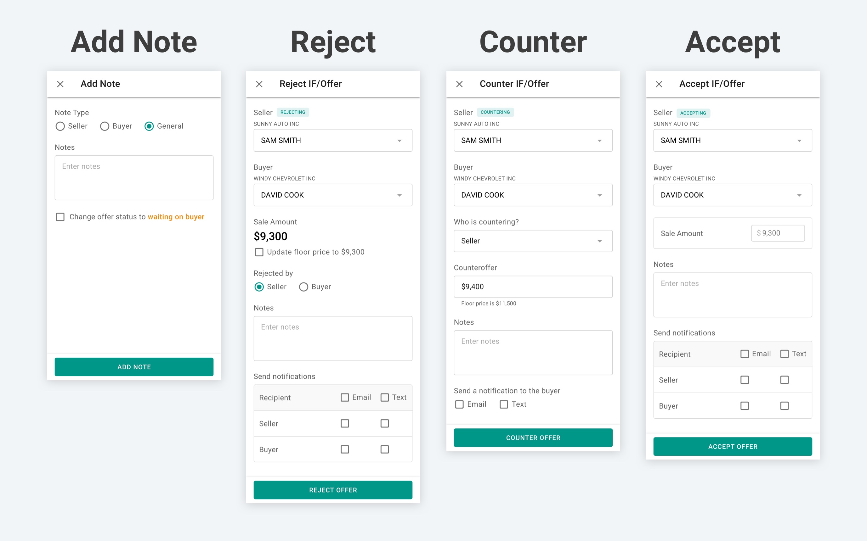 Mobile mockups of the modals for adding a note, rejecting, countering, and accepting an offer.