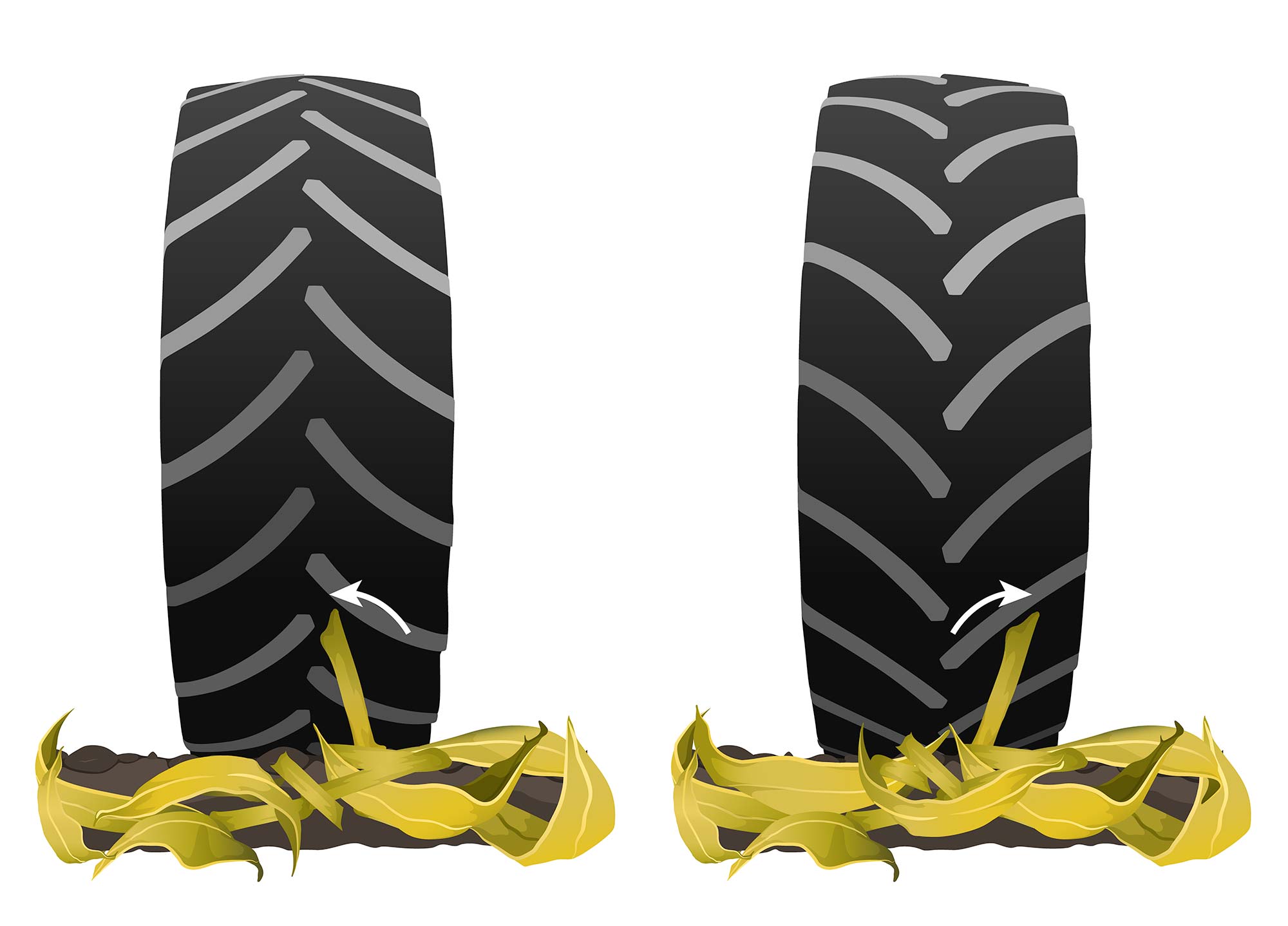 Running your combine's rear tires forwards instead of backwards help to reduce stubble damage to your tires by guiding stalks away from the center of your tire.