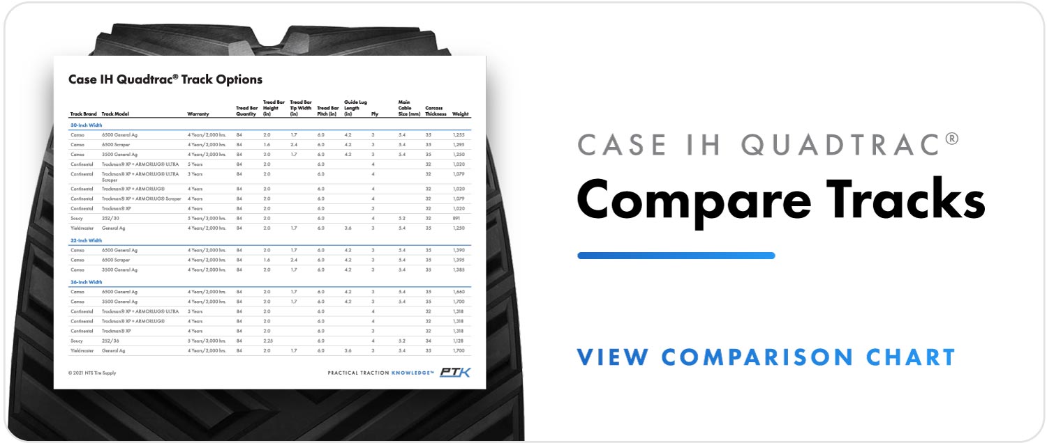 Compare Camso, Continental, Soucy, and Yieldmaster track specs for Case IH Quadtrac tractors.