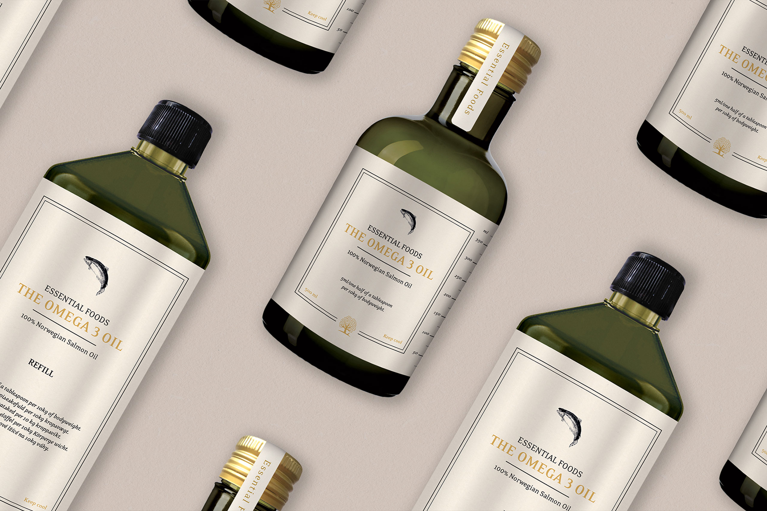 Green oil bottles with Omega 3