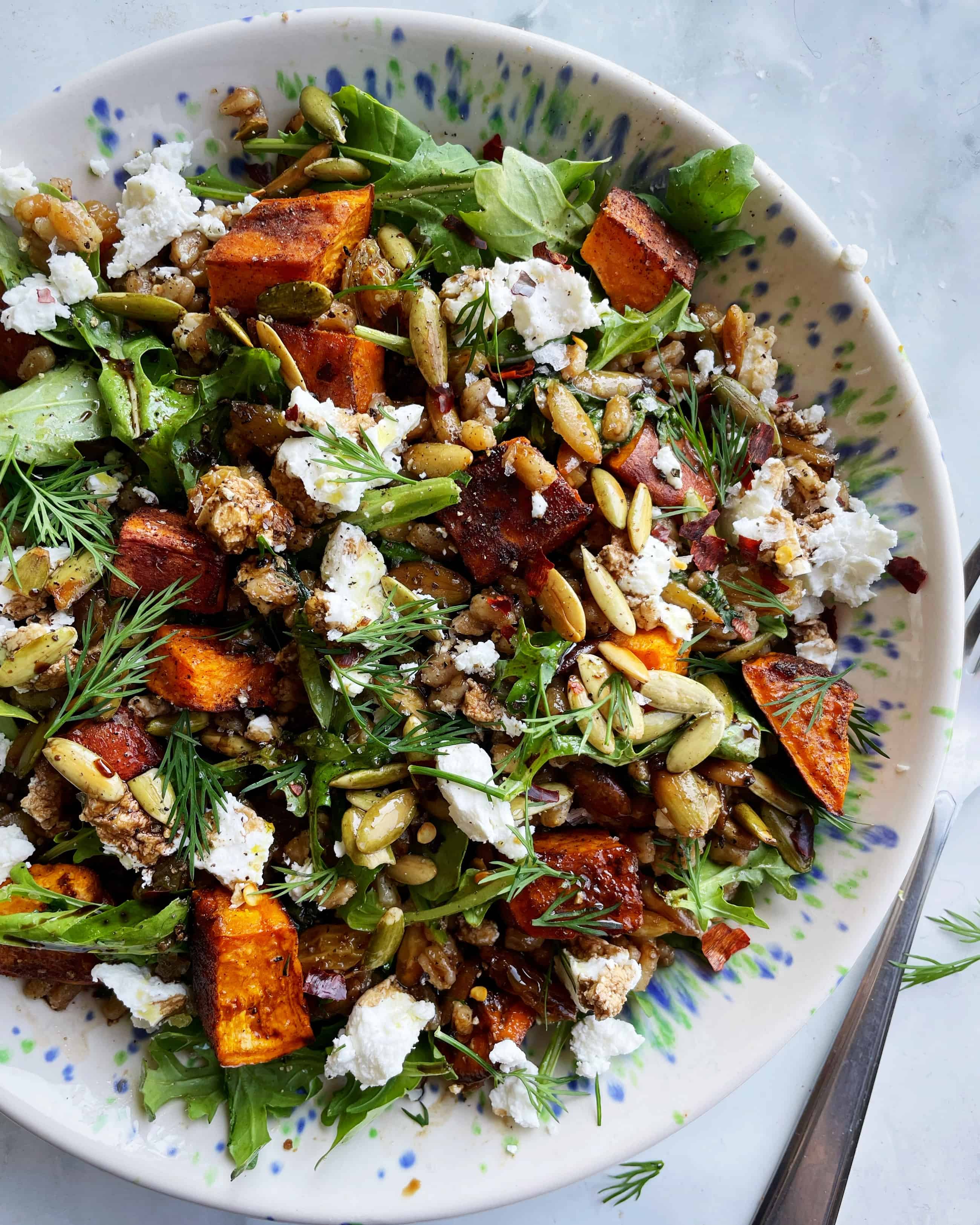 Fig Balsamic Farro Salad with Sweet Potatoes, Goat Cheese, and Pepitas