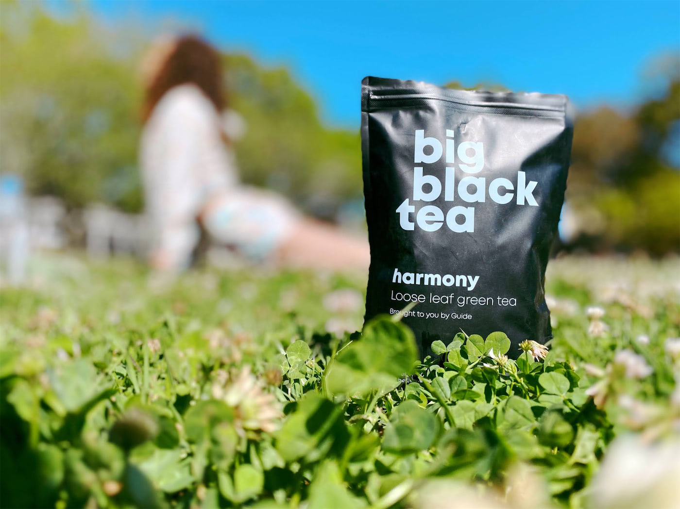 A bag of big black tea sitting on a bench