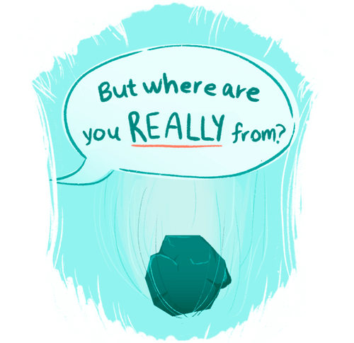 A speech bubble that says "But where are you REALLY from" with a small falling pebble behind it