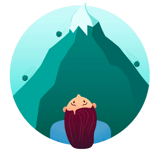 A large mountain that is built our of the small rocks in the previous image. A person is looking up at it with a concerned look on their face as more rocks continue to build up onto it.