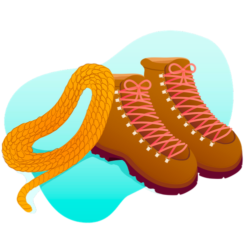 A climbing rope and hiking boots