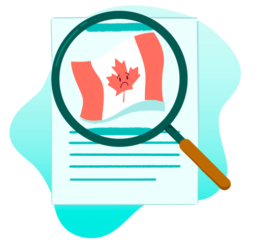 A magnifying glass is over a piece of paper. In the magnifying glass is a Canadian Flag where the maple leaf in the flag has a distressed/sad face.