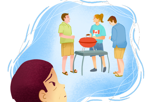 An Asian woman is looking at a group of white people standing around a BBQ. She has a pained look on her face because she is being excluded.