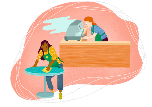 Grace, who has dark brown skin and long black hair, is cleaning a table at a coffee shop. She has a pained expression on her face as she looks behind her at her co-worker. Her co-worker, who is white, is steaming milk on a coffee machine.