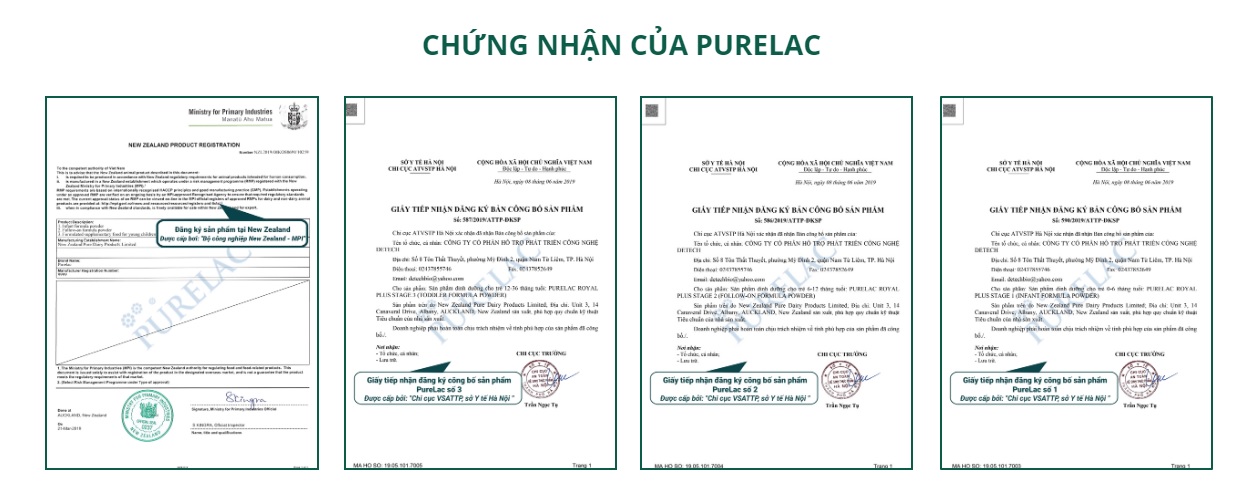 giấy chứng nhận Sữa PURELAC