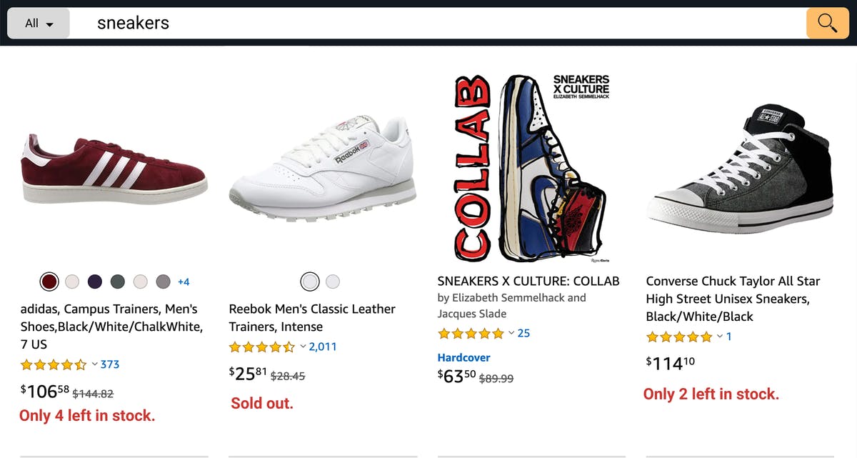 Ecommerce search user interface showing product stock level